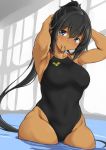  1girl black_hair black_swimsuit blue_eyes commentary_request competition_swimsuit cowboy_shot dark_skin highleg highleg_swimsuit highres holding holding_hair long_hair looking_at_viewer mouth_hold one-piece_swimsuit original ponytail rubber_band soaking_feet solo swimsuit water yuzu_lemon 