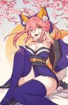  1girl animal_ears breasts cherry_blossoms cleavage fate/grand_order fate_(series) fox_ears fox_shadow_puppet fox_tail hair_between_eyes japanese_clothes kimono long_hair looking_at_viewer medium_breasts pink_hair short_kimono smile solo tail tamamo_(fate)_(all) tamamo_no_mae_(fate) thighhighs thighs wide_sleeves xipel yellow_eyes 