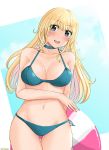  1girl atago_(kantai_collection) bikini blonde_hair blue_sky breasts choker cleavage cloud cowboy_shot eyebrows_visible_through_hair green_bikini green_eyes highres innertube jousanrou kantai_collection large_breasts long_hair looking_at_viewer side-tie_bikini sky smile solo swimsuit thigh_gap upper_body 