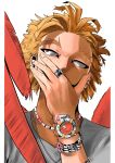  bangs blonde_hair boku_no_hero_academia bracelet commentary covering_mouth derivative_work face facial_hair feathered_wings feathers grey_shirt hand_on_own_face hand_over_own_mouth hawks_(boku_no_hero_academia) highres jewelry looking_up male_focus necklace pote_to red_feathers ring shirt simple_background solo spiked_hair thick_eyebrows upper_body watch white_background wings wristwatch 