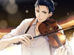  1boy bangs black_hair collared_shirt fate/grand_order fate_(series) formal green_eyes instrument long_sleeves male_focus miyamakoume open_clothes open_shirt sherlock_holmes_(fate/grand_order) shirt short_hair sleeves_rolled_up solo suit upper_body violin white_shirt 