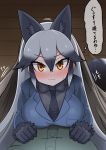  &gt;:3 1boy 1girl :3 animal_ears aramaru black_gloves blue_jacket blush breast_press breasts commentary commentary_request extra_ears eyebrows_visible_through_hair fox_ears fox_tail fur-trimmed_sleeves fur_trim gloves indoors jacket kemono_friends large_breasts looking_at_viewer necktie pov silver_fox_(kemono_friends) silver_hair speech_bubble tail translation_request trembling yellow_eyes 