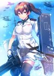  1girl aircraft airplane black_legwear breasts brown_eyes brown_hair commentary_request f-2 f-35_lightning_ii flight_deck helicopter highres japan_maritime_self-defense_force japan_self-defense_force kaga_(jmsdf) kaga_(kantai_collection) kantai_collection large_breasts military phalanx_ciws sh-60_seahawk side_ponytail silly_(marinkomoe) thighhighs tiltrotor torpedo v-22_osprey 
