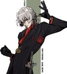  1boy akamhakobako antonio_salieri_(fate/grand_order) black_gloves black_jacket character_name collared_shirt copyright_name cravat fate/grand_order fate_(series) formal gloves holding jacket jewelry long_sleeves looking_at_viewer male_focus necklace neckwear pinstripe_pattern red_neckwear shirt short_hair silver_hair solo striped suit upper_body white_hair white_shirt 