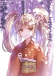  1girl artist_name blonde_hair bow brown_eyes cat_hair_ornament commentary_request danganronpa eyebrows_visible_through_hair flower hair_between_eyes hair_ornament japanese_clothes kimono long_hair long_sleeves looking_at_viewer orange_kimono saionji_hiyoko smile solo super_danganronpa_2 translation_request twintails wide_sleeves wisteria z-epto_(chat-noir86) 