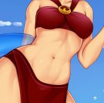  1girl arm_behind_back bare_arms bare_shoulders bikini blue_sky breasts close-up cloud collarbone commentary day from_below head_out_of_frame innertube medium_breasts navel original pelvic_curtain red_bikini shellvi sky solo stomach swimsuit 