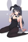  1girl animal_ears arm_support black_hair breasts bunny_ears bunny_hair_ornament bunnysuit cleavage covered_nipples detached_collar expressionless food_request hair_ornament highres looking_at_viewer necktie pantyhose sakurajima_mai seishun_buta_yarou solo wrist_cuffs xipel 