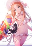  1girl abigail_williams_(fate/grand_order) abigail_williams_(swimsuit_foreigner)_(fate) areola_slip areolae bangs bare_shoulders bikini black_cat blonde_hair blue_eyes blush bonnet bow breasts cat faicha fate/grand_order fate_(series) forehead hair_bow innertube long_hair looking_at_viewer miniskirt navel open_mouth parted_bangs sidelocks simple_background skirt small_breasts swimsuit thighs twintails untied untied_bikini very_long_hair white_background white_bikini white_bow white_headwear 
