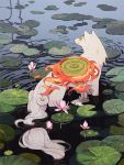  amaterasu animal commentary english_commentary fire flower lily_(flower) lily_pad looking_to_the_side nature no_humans ookami_(game) outdoors reflector_(ookami) ripples shield wading water white_fur wolf yueko_(jiayue_wu) 