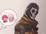  &gt;_&lt; 1boy 2girls ahoge anger_vein angry bangs blush breasts call_of_duty cape chibi cleavage clenched_hand closed_eyes commission explosive facepaint ghost_(modern_warfare_2019) gloves grenade hands_on_own_face headphones heart heart_eyes long_sleeves looking_back mask modern_warfare_(2019) multiple_girls open_mouth pink_hair radio red_hair roll_out_road shirt short_hair short_sleeves skull_mask speech_bubble sweat tied_shirt twintails union_jack vest 