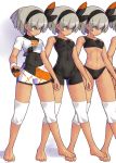  1girl bangs barefoot black_bodysuit black_hairband bodysuit bodysuit_under_clothes breasts collared_shirt commentary_request covered_navel dynamax_band gloves grey_eyes grey_hair gym_leader hair_between_eyes hairband kirishima_satoshi knee_pads multiple_views pokemon pokemon_(game) pokemon_swsh print_shirt print_shorts saitou_(pokemon) shirt short_hair short_sleeves shorts single_glove tied_shirt 