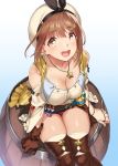  1girl 92m atelier_(series) atelier_ryza bangs bare_shoulders barrel belt beret black_ribbon blue_belt blush breasts brown_belt brown_eyes brown_gloves brown_hair cleavage collarbone gloves hair_ornament hairclip hat highres jacket jewelry large_breasts leather leather_belt leather_gloves looking_at_viewer necklace open_mouth red_shorts reisalin_stout ribbon round-bottom_flask short_hair short_shorts shorts single_glove sitting sleeveless sleeveless_jacket smile star_(symbol) star_necklace thighs vial white_headwear yellow_jacket 