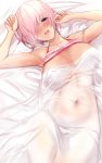  1girl bangs bare_shoulders bed_sheet blush breasts cleavage covered_navel fate/grand_order fate_(series) hair_over_one_eye highres large_breasts lavender_hair looking_at_viewer mash_kyrielight multicolored open_mouth purple_eyes sheer_clothes short_hair smile swimsuit_of_perpetual_summer_ver.02 thighs untue 