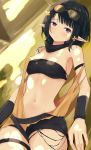  1girl absurdres arknights arm_strap bandeau bangs bare_arms bare_shoulders black_hair black_scarf black_shorts breasts chinese_commentary cleavage coldcat. commentary_request cowboy_shot eunectes_(arknights) eyebrows_visible_through_hair goggles goggles_on_head highres looking_at_viewer medium_breasts midriff navel partial_commentary pointy_ears purple_eyes scarf short_hair short_shorts shorts solo standing stomach strapless thigh_strap tubetop wristband 
