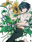  1boy ahoge barefoot bell belt blue_eyes blue_hair brown_belt closed_mouth extraspiky eyebrows_visible_through_hair flower hair_bell hair_between_eyes hair_ornament highres leaf male_focus midriff midriff_peek navel original pink_flower signature smile solo sunflower 