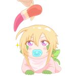  1girl baby bandana bangs blonde_hair blush blush_stickers child commentary commentary_typo disembodied_limb doll draco_(monster_musume) dragon_girl english_commentary eyebrows_visible_through_hair eyes_visible_through_hair full_body glint holding long_sleeves looking_up lying miia_(monster_musume) mixed-language_commentary monster_girl monster_musume_no_iru_nichijou mouth_hold on_stomach pacifier pointy_ears purple_eyes scales shiny shiny_hair short_hair shpo solo tail toy transparent_background wings younger 