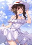  1girl :d alternate_costume bangs bare_arms bare_shoulders blue_sky blush brown_hair cloud collarbone commentary_request contrapposto cowboy_shot day dress dress_lift eyebrows_visible_through_hair frilled_dress frills hand_on_headwear hand_up hat kono_subarashii_sekai_ni_shukufuku_wo! lifted_by_self looking_at_viewer megumin open_mouth outdoors pensuke red_eyes round_teeth short_hair short_hair_with_long_locks skirt_hold sky smile solo spaghetti_strap sun_hat sundress teeth upper_teeth white_dress white_headwear 