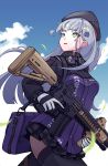  1girl assault_rifle beret black_legwear breasts clodius foregrip girls_frontline gloves green_eyes grey_hair gun h&amp;k_hk416 hat highres hk416_(girls_frontline) long_hair plaid plaid_skirt rifle skirt solo thighhighs thighs trigger_discipline weapon xipel 