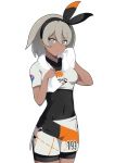  1girl bangs black_bodysuit black_hairband bodysuit bodysuit_under_clothes breasts closed_mouth collared_shirt commentary covered_navel dark_skin grey_hair gym_leader hair_between_eyes hairband looking_at_viewer medium_hair pokemon pokemon_(game) pokemon_swsh print_shirt print_shorts rizuta saitou_(pokemon) shirt short_sleeves shorts solo towel towel_around_neck white_background 