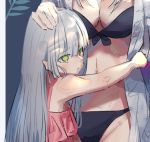  2girls bangs bare_arms bikini black_bikini blue_background blunt_bangs border breasts cleavage closed_mouth commentary_request cross_hair_ornament dress eyebrows_visible_through_hair facial_mark facial_tattoo fern floral_background girls_frontline green_eyes hair_ornament hand_on_head hani_haya hk416_(girls_frontline) hug large_breasts looking_at_viewer midriff multiple_girls navel petting pink_dress sheer_clothes shy sidelocks silver_hair sketch swimsuit tattoo teardrop teardrop_tattoo white_border work_in_progress younger 