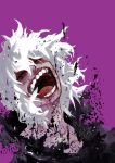  1boy bangs black_gloves blood blood_on_face boku_no_hero_academia closed_eyes collarbone commentary_request derivative_work facing_up gloves grey_hair grey_skin hair_between_eyes highres male_focus medium_hair open_mouth pote_to purple_background shigaraki_tomura solo torn_clothes white_hair 