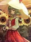  1girl breasts cloud cowboy_shot field flower flower_field garden_of_the_sun green_hair holding holding_umbrella kazami_yuuka long_sleeves looking_at_viewer medium_breasts open_mouth outdoors plaid plaid_skirt plaid_vest red_eyes red_skirt red_vest shirt skirt smile solo sunflower syuri22 touhou umbrella vest white_shirt white_umbrella yellow_neckwear 