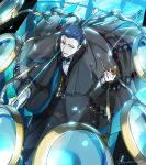  1boy bangs black_bow black_hair black_jacket black_neckwear black_pants blue_eyes blue_jacket bow bowtie collared_shirt fate/grand_order fate_(series) formal gloves jacket kaworu_(kaw_lov) long_sleeves looking_at_viewer looking_up male_focus neckwear pants sherlock_holmes_(fate/grand_order) shirt short_hair signature solo suit white_gloves white_shirt 