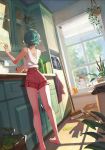  1girl against_window animal bangs casual cat commentary day dutch_angle english_commentary green_hair high-waist_shorts highres ilse_harting indoors kitchen kneepits long_legs original red_shorts shadow short_hair shorts solo_focus standing tank_top window 