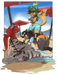  beach blush bradley_(stylusknight) cervid clothing digital_media_(artwork) fel_(my_life_with_fel) felid female hi_res male mammal pantherine public seaside stylusknight swimwear tiger zakk 