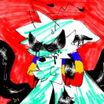  1:1 ambiguous_gender angry antennae_(anatomy) anthro baring_teeth black_sclera bodily_fluids fur hybrid multicolored_ears nightynight red_background sharp_teeth simple_background simple_shading solo spiral_eyes teeth teevee_(nightynight) tentacles white_body white_fur 