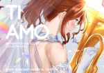  1girl bare_shoulders blush breasts brown_eyes brown_hair closed_mouth copyright_name elbow_gloves english_text euphonium from_side gloves gradient gradient_background grey_background hibike!_euphonium highres holding holding_instrument instrument italian_text kuziaaizuk nape oumae_kumiko pink_lips profile see-through short_hair short_ponytail small_breasts smile solo sparkle veil white_gloves 