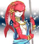  1girl breasts head_fins holding holding_staff looking_to_the_side mipha nete_you red_lips sash small_breasts solo staff the_legend_of_zelda the_legend_of_zelda:_breath_of_the_wild yellow_eyes zora 