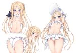  1girl :o abigail_williams_(fate/grand_order) abigail_williams_(swimsuit_foreigner)_(fate) armpits arms_behind_head arms_up ass bangs bare_shoulders bent_over blonde_hair blue_eyes blush bonnet bow bowtie braid breasts commentary_request covering covering_breasts creature creature_on_shoulder eyebrows_visible_through_hair fate/grand_order fate_(series) from_behind from_below hair_rings highres kakukaku_(atelier_wings) keyhole long_hair looking_back navel no_hat no_headwear parted_bangs parted_lips sidelocks simple_background small_breasts stomach striped striped_bow striped_neckwear thighs topless trefoil twintails underboob very_long_hair white_background white_bow white_headwear white_neckwear 