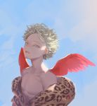  1boy absurdres blonde_hair blue_background boku_no_hero_academia brown_coat coat collarbone commentary_request f2_(fnf0023) face facial_hair feathered_wings gradient gradient_background hawks_(boku_no_hero_academia) highres lips looking_at_viewer male_focus off-shoulder_coat parted_lips red_wings short_hair solo spiked_hair teeth upper_body wings yellow_eyes 