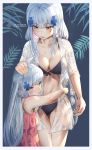  2girls absurdres artist_name bangs bikini black_bikini blue_background blunt_bangs breasts cleavage fern girls_frontline green_eyes hani_haya highres hk416_(girls_frontline) hug iron_cross large_breasts multiple_girls navel pink_nightgown scar scar_across_eye sheer_clothes swimsuit teardrop_tattoo white_hair younger 