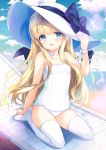  1girl arm_up beach blonde_hair blue_eyes bow casual_one-piece_swimsuit choker cloud emily_(pure_dream) hand_on_headwear hat hat_ribbon long_hair neck_ribbon ocean one-piece_swimsuit open_mouth original outdoors ribbon sitting sky smile solo sun_hat swimsuit thighs white_headwear white_swimsuit wind wrist_ribbon 