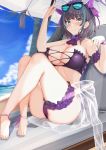  1girl absurdres animal_ears arm_garter arms_at_sides azur_lane bangs bare_shoulders bikini black_hair blunt_bangs bow bowtie breasts cat_ears cheshire_(azur_lane) cheshire_(summery_date!)_(azur_lane) cleavage closed_mouth collarbone commentary commentary_request eyewear_on_head fake_animal_ears frills highres kazuha_(saku_kn) large_breasts leg_garter looking_at_viewer multicolored_hair navel no_panties purple_bikini purple_bow purple_neckwear sarong see-through short_hair smile solo stomach strapless strapless_bikini string_bikini sunglasses swimsuit tinted_eyewear two-tone_hair white_background 
