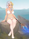  1girl absurdres arm_support artist_name bare_arms bare_shoulders blonde_hair blue_eyes bra braid breasts cleavage collarbone commentary crossed_legs dated day full_body hair_over_shoulder highres holding holding_staff jaina_proudmoore large_breasts legs_together lips long_hair navel no_shoes outdoors panties rock shellvi signature silver_hair sitting solo staff stomach striped thighhighs underwear warcraft water weapon white_bra white_legwear white_panties world_of_warcraft 
