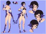  1girl absurdres arm_at_side ass au_ra back bangs bare_shoulders barefoot black_bra black_hair black_panties blue_background bra breasts bridal_gauntlets character_sheet closed_mouth collarbone color_guide commentary final_fantasy final_fantasy_xiv from_behind full_body glasses hand_on_hip hand_up highres looking_at_viewer medium_breasts multiple_views navel nude o-ring o-ring_top panties pout purple_eyes scales shellvi short_hair simple_background smile standing tail underwear 