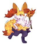  2018 anthro black_body black_fur blynxee braixen canid canine cheek_tuft chest_tuft facial_tuft fangs female fingers fire fur holding_object mammal nintendo orange_nose pok&eacute;mon pok&eacute;mon_(species) red_body red_fur simple_background smile solo stick toes tuft video_games walking white_background white_body white_fur yellow_body yellow_fur 