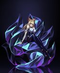  1girl 3ok absurdres ahri animal_ears bangs blonde_hair breasts crystal_tail finger_to_mouth fox_ears fox_girl fox_tail highres huge_filesize k/da_(league_of_legends) k/da_ahri large_breasts league_of_legends looking_to_the_side multiple_tails red_lips sitting tail yellow_eyes 