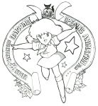  1980s_(style) 1girl akai_takami backpack bag banner daicon daicon_bunny_girl daicon_iii daicon_iv flower greyscale highres medium_skirt monochrome necktie nihon_sf_taikai oldschool open_hands open_mouth randoseru shirt skirt solo star_(sky) t-shirt 