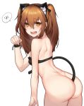  1girl animal_ears ass back bare_back black_bra blush bra bracer breasts brown_eyes brown_hair cat_ears cat_tail eyebrows_visible_through_hair girls_frontline hair_between_eyes hair_ribbon hairband long_hair looking_at_viewer momera no_panties open_mouth paw_pose ribbon small_breasts solo sweat sweatdrop tail thighs translation_request ump9_(girls_frontline) underwear white_background 