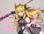  1girl antenna_hair arknights bangs bare_shoulders black_gloves blonde_hair breasts chagara commentary_request eyebrows_visible_through_hair fingerless_gloves gloves grey_background hair_between_eyes hand_up highres horns leizi_(arknights) lightning long_hair looking_at_viewer medium_breasts open_mouth originium_arts_(arknights) pointy_ears purple_eyes simple_background solo upper_body v-shaped_eyebrows 