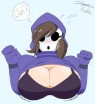  absurd_res big_breasts blush bodily_fluids bra breasts brown_hair clothed clothing debby_(jase1505) embarrassed embarrassed_nude_exposure emoji female flashing hair hi_res hoodie human jase1505 mammal mario_bros mask nintendo not_furry shyguy solo sweat topwear underwear video_games 