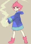  1girl boots closed_mouth dress highres hood hoodie kumatora looking_at_viewer mother_(game) mother_3 pink_hair short_hair simple_background smile solo 