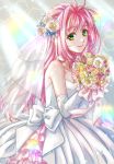  1girl akira_ituki bouquet dress flower green_eyes long_hair looking_at_viewer macross macross_7 mylene_jenius pink_hair solo veil wedding_dress white_dress 