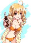  1girl ahoge arisa_bannings ass_visible_through_thighs bangs bikini blonde_hair bottle breasts cleavage coca-cola commentary cowboy_shot droplet eyebrows_visible_through_hair front-tie_bikini front-tie_top green_eyes grin groin holding holding_bottle hood hood_down hoodie jacket kuroi_mimei long_hair looking_at_viewer lyrical_nanoha mahou_shoujo_lyrical_nanoha_strikers medium_breasts navel no_pants open_clothes open_jacket smile soda_bottle solo standing swimsuit yellow_bikini yellow_jacket 