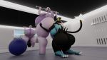  3d_(artwork) anthro big_breasts big_butt black_body breasts butt butt_hug darkdraketom digital_media_(artwork) duo female goodra gym_equipment huge_breasts huge_butt luxray nintendo pok&eacute;mon pok&eacute;mon_(species) purple_body thick_thighs video_games 