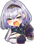  &gt;_&lt; 1girl angry armor braid breasts chibi cleavage cleavage_cutout cropped_torso french_braid hololive large_breasts mole mole_on_breast namu76 open_mouth shirogane_noel short_hair silver_hair solo tearing_up thick_outlines transparent_background upper_body v-shaped_eyebrows virtual_youtuber 